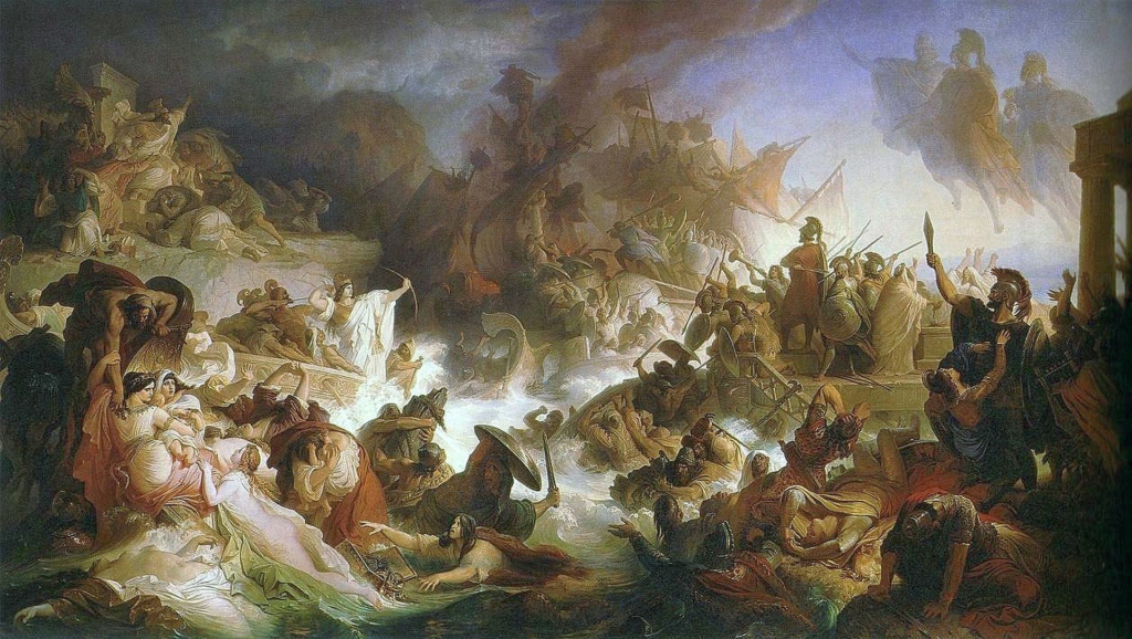 Salamis Savaşı, Artemisia resmin sol ortasında, muzaffer Yunan filosunun üzerinde, Kserkses'in tahtının aşağısında ve Yunanlılara ok atarken görülmektedir. Wilhelm von Kaulbach.